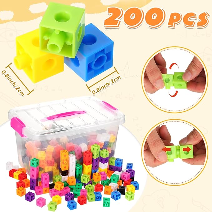 Jenaai 200 Pcs Math Cubes Counting Blocks Linking Connecting Cubes Math Manipulatives with Storage Container Educational Toy for Kids Age 4-8 Kindergarten STEM Activities Preschool(Pink)