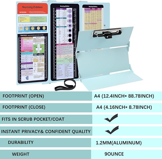 Nursing Clipboard Foldable Pocket Size-Nursing Edition Cheat Sheets Aluminum 3 Layers Foldable Clipboard Nursing Nurse Clipboard Foldable fits in Nurses Doctors(Mint)