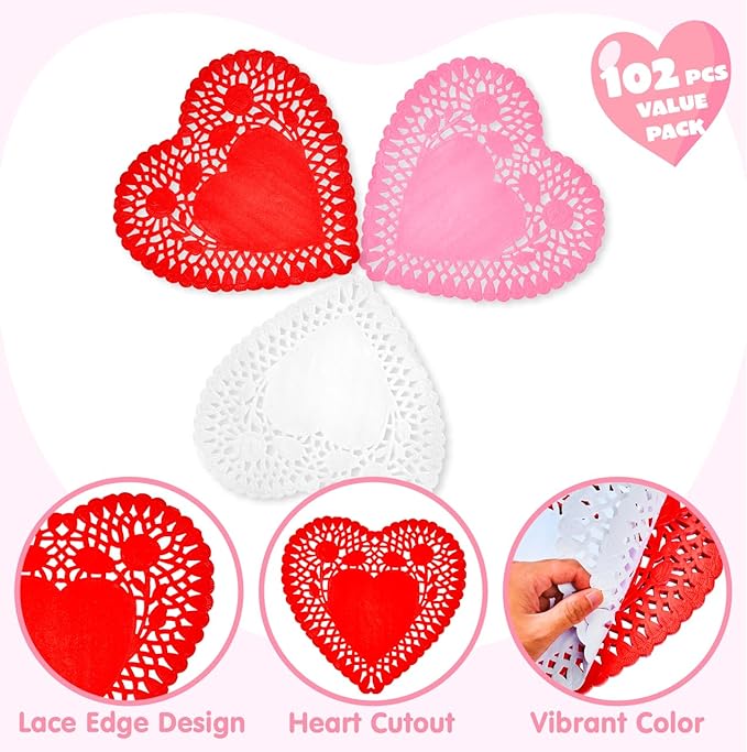 JOYIN 102 PCS 10" Valentines Day Heart Doilies, Tableware Decoration, Home Activitie, Kitchen Disposable Table Crafts, Red White Pink Heart Doilies