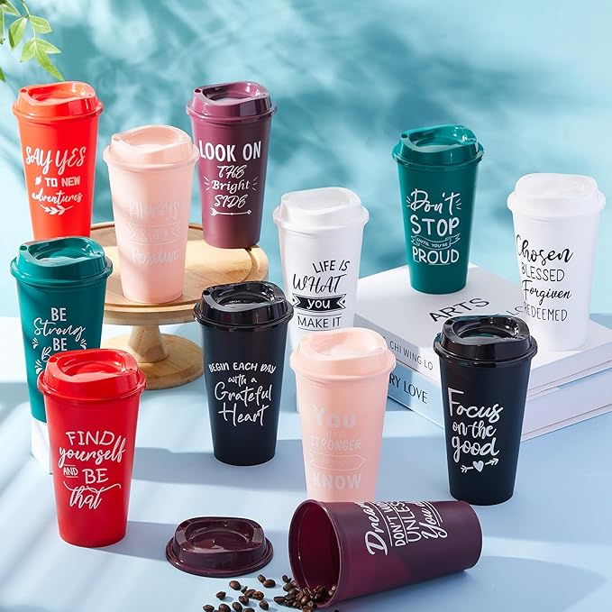 12 Pcs Inspirational Gifts for Employee Coworkers Staff Teammate, 16oz Reusable Plastic Coffee Cups with Positive Sayings, Bundle Gifts for Woman Man Coworker (Fresh Color,Inspirational)