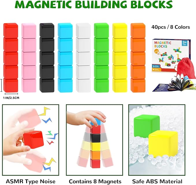 40pcs Magnetic Blocks -Ideal Gifts for 3 4 5 6 Year Old,STEM Learning Toys for 3-5 Year Old Boys & Girls, Safe & Strong Building Blocks with ASMR Sounds,Classroom Must Haves