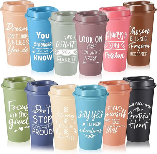 12 Pcs Inspirational Gifts for Employee Coworkers Staff Teammate, 16oz Reusable Plastic Coffee Cups with Positive Sayings, Bundle Gifts for Woman Man Coworker (Morandi Color,Inspirational)