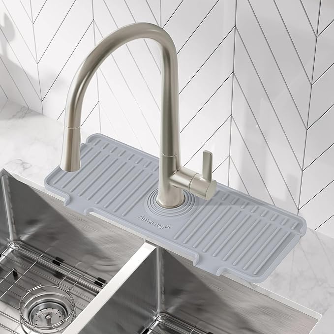 Kitchen Sink Splash Guard, Silicone Faucet Guard & Draining Mat, 10° Large Slope Sink Faucet Mat Splash Guard, Bathroom Sink Organizer, Kitchen Sink Accessories Gadgets, 14.2” x 5.1”, Gray