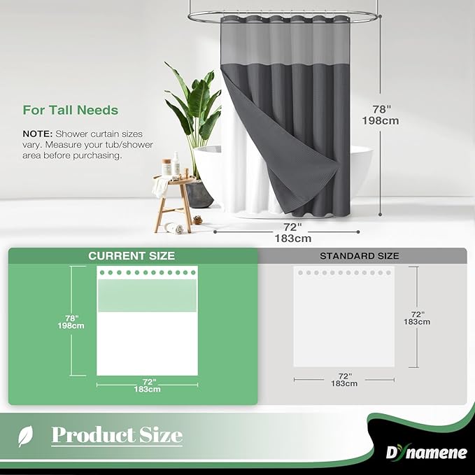 Dynamene 78 Inch Long Shower Curtain, Tall Waffle Fabric Shower Curtains for Bathroom, Hotel Waterproof Cloth Shower Curtain Liner Set with Hooks, Snap in Liner, Mesh Top Window, Charcoal Grey, 72x78