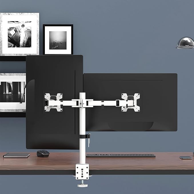 Mount Stand Fits 2 Screens up to 27 inch, 22 lbs. Weight Capacity per Arm (M002-W), White