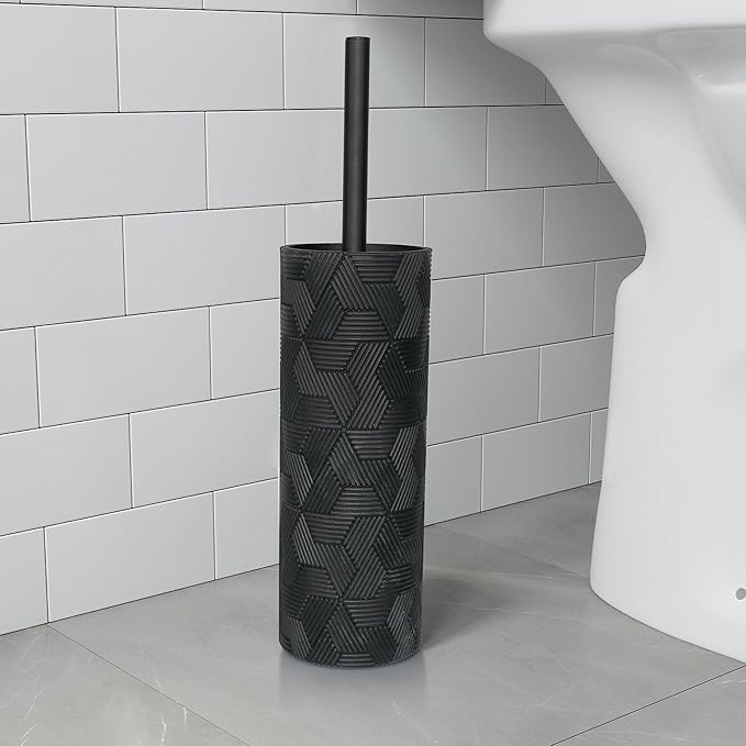 Matte Black Geo Design Resin Toilet Bowl Holder and Brush Set, Stylish Geometric Design with Durable Bristles, Compact and Modern