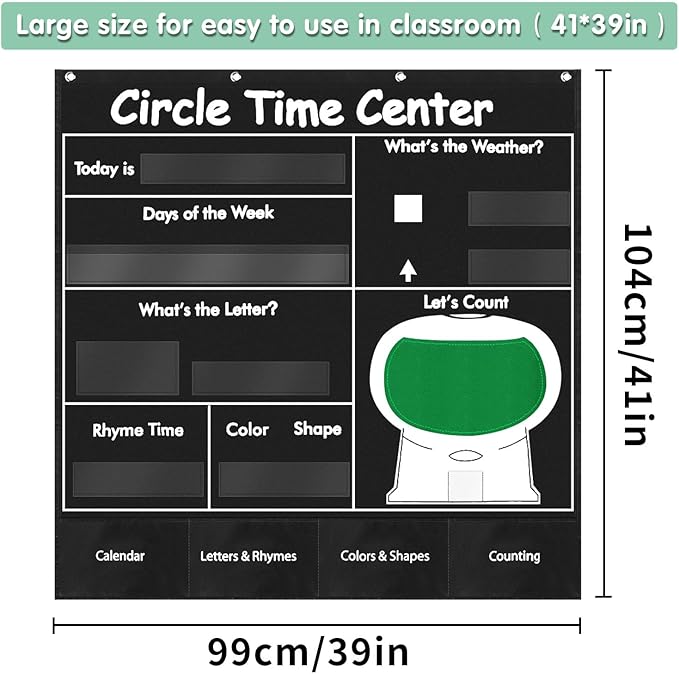 Circle Time Learning Center Pocket Chart, Calendar for Classroom, Educational Pocket Chart Learning Calendar Weather Letter Counting Rhyme Color Shape(Black)