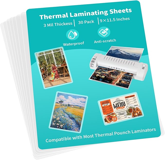3 mil Thermal Laminating Pouches, Clear 9 x 11.5 Inch Laminating Sheet Paper for Thermal Laminator, Holds US Letter Size Laminate Sheets (30 Pack)