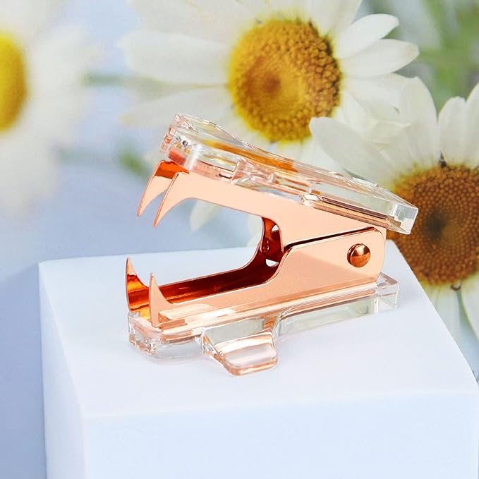 Buqoo Acrylic Clear Light Pink Heavy Duty Staple Remover Tool Pinch Jaw Style Cute Mini Gold Staple Stapler Removers Staples Puller for School Home Office Desk Accessories Gift