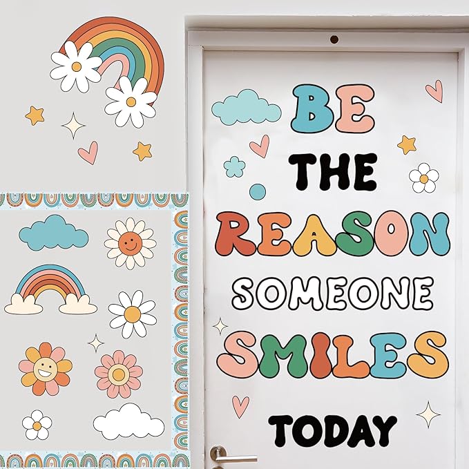 Boho Rainbow Classroom Bulletin Board Decoration Set Welcome Borders Cutouts for Back to School Classroom Door Welcome Bulletin Board Craft Party Home Wall(Be The Reason Someone Smile Today)