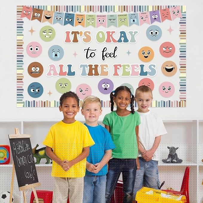 Boho Feeling Bulletin Board Set Mental Health Classroom Decorations Growth Mindset Posters Back to School Wall Art Decor Boho Emotion Cutouts Feeling Chart for Kids Teacher School Calm Corner Supplies