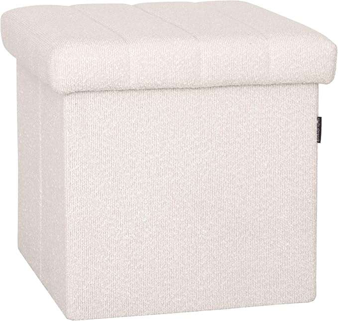 Seville Classics Cushioned Fabric Ottoman Hidden Storage Chest Footrest Chair, Padded Seat for Bedroom, Dorm, Loft, Living Room, Entryway, Hallway, White Boucle, 15.7" Cube