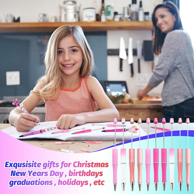 150 Pieces DIY Beadable Pen Kit – 50 Plastic Ballpoint Pens with Refills & Bags – School Supplies, Office Accessories & Decorative Items for Students & Teachers （Pink）