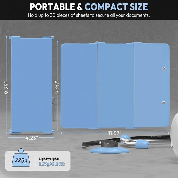 Nursing Clipboard Foldable Without Edition Cheat Charts, 3 Layers Aluminum, Nurse Board w/Low Profile Clip&Pen Clip Pocket, Light Blue