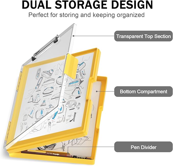 Rimilak Plastic Clipboard with Storage, Side Opening with 2 Compartment, Size 13.3 x 9.4 x 1.5 Heavy Duty High Capacity Nursing Box for Work School & Office Supplies, Yellow