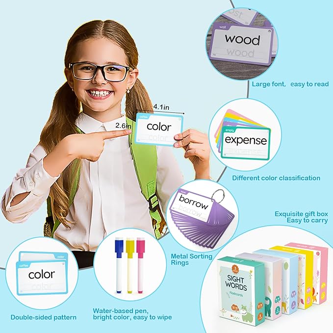 WJPC 300 Cards, 580PCS High Frequency Sight Words Flash Cards for (1st, 2nd, 3rd Grade, First Second Third Grade Prefix Suffix 6,7,8,9,10,11 Years Ages Kids Boys Girls