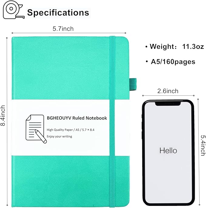 Notebook Journal, College Ruled Notebook Lined A5 160 Pages,Hard Cover Journals for Writing, Notebooks for Work Office School Women Men,5.7 inches x 8.4 inches(Mint Green)