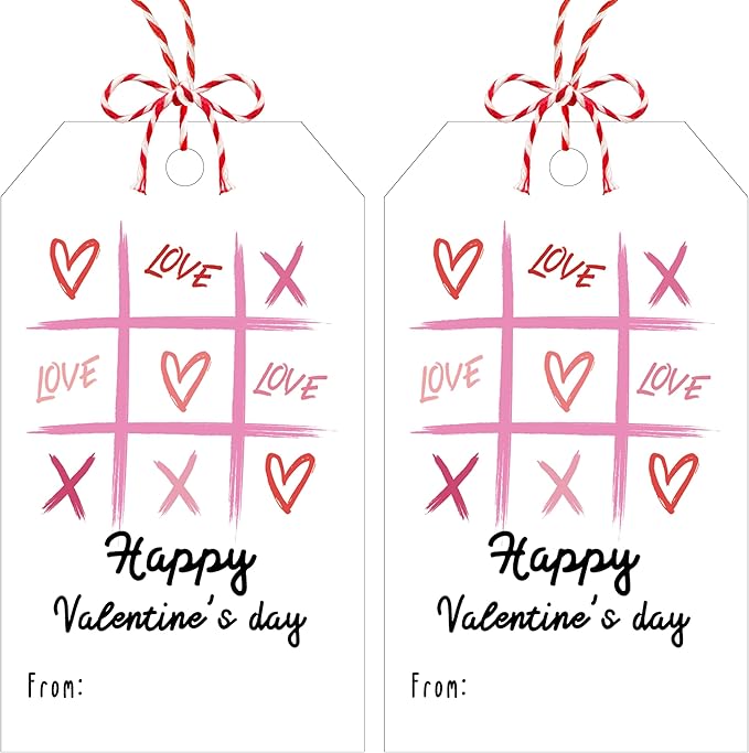 50Pcs Happy Valentines Tags for Bags, Valentine Gift Label with String, Sweet Themed Party or Valentine' Day Thank You Gift Tags Great for Party Favors-XOXO