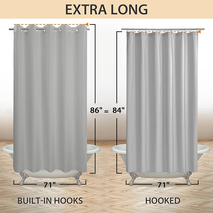 River Dream Extra Long No Hook Grey Shower Curtain or Liner Soft Microfiber - 84" Length Fabric Shower Curtain Liner Set, Machine Washable & Water Repellent, Gray, 71x86