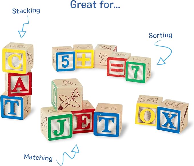 Melissa & Doug Deluxe Wooden ABC/123, 50-Piece Set of Classic Letter & Number Wooden Blocks (1” x 1”) with Storage Pouch, Sorting & Stacking Toys for Kids Ages 2+