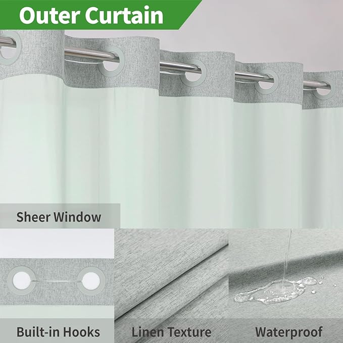 Long No Hooks Needed Linen Textured Shower Curtain with Snap-in Fabric Liner Set,Sage Green Hotel Luxury Decor Shower Curtains for Bathroom,Waterproof & Washable,71Wx80H