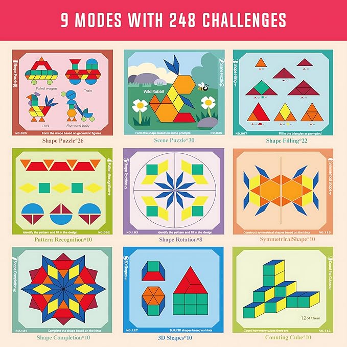 248 Pcs Wooden Magnetic Pattern Block Set with Cards, Pen & Storage Bag, Montessori STEM Tangram Puzzle Toys for Toddlers 4 5 6 7 8, Educational Brain Teaser Gift for Boys Girls
