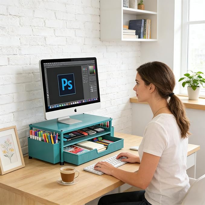 Desk Organizer and Accessories, 2-Tier Computer Monitor Stand Rise with Storage Drawer & 2 Pen Holders, Laptop & Printer Stand for Desktop, Workspace Organizers for Office Supplies (Blue)