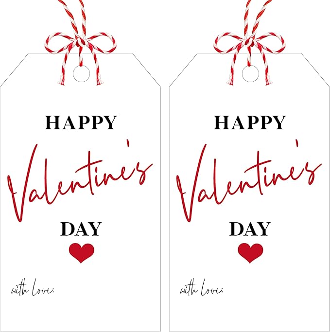 50Pcs Happy Valentines Tags for Bags - 3.5 x 2.1 in Valentine Gift Tags with String, Hanging Paper Gift Label for Wrapping Treat Bag, Idea Valentines Activity School Classroom Party Favors