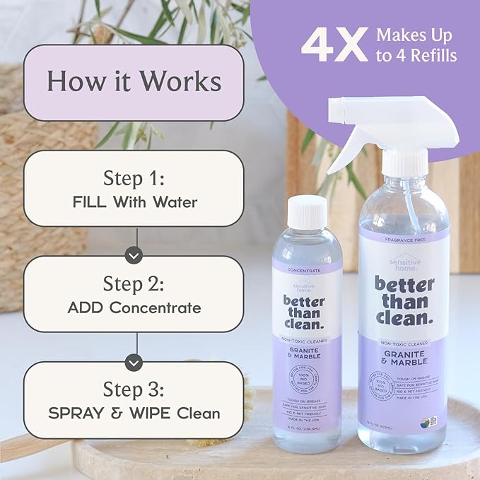 Marble & Granite Cleaner Starter Pack - Plant-Based Natural Stone Cleaner for Countertops, Showers, Floors & More - Suitable for Sensitive Skin, Fragrance Free, Kids & Pet-Friendly
