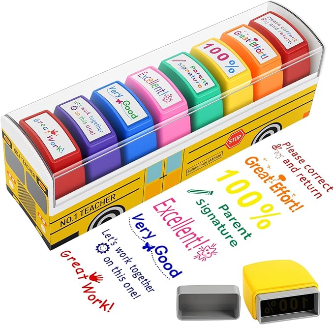 Teacher Stamps for Grading Classroom, Easter Basket Stuffers New Teacher Appreciation Gifts, Self-Inking Motivation Great Job Parent Signature Stamp for Homework Must Haves, Teacher Supplies (8 pcs)