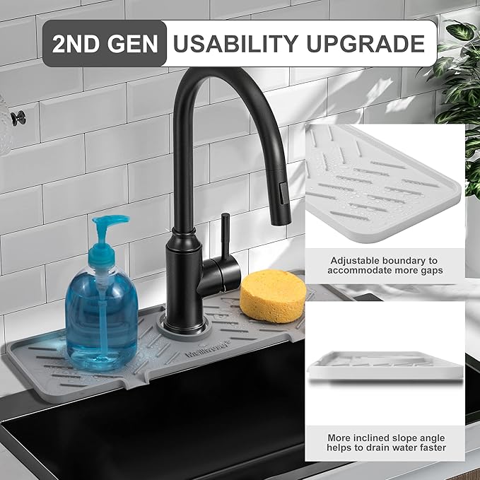 Meiliweser Silicone Faucet Mat for Kitchen Sink – Gen 2 Splash Guard with Upgraded Outlet & Slope – 18” x 5.1” Water Catcher & Sink Sponge Holder for Kitchen and Bathroom (Gray)