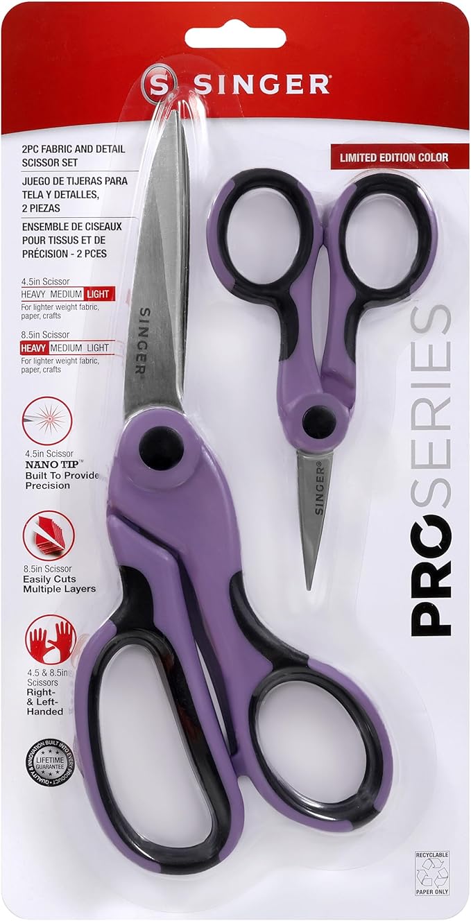 SINGER ProSeries Sewing 8.5" Heavy Duty Fabric Scissors and 4.5" Craft Detail Scissors Set, Lilac Purple, Set of 2 Sewing Scissors
