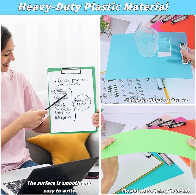 20 Pcs Plastic Clipboards Bulk 20 Assorted Colors 12.5 x 9 In Clear Colored Clip Board Standard A4 Letter Size Low Profile Clipboard Portable for Classroom Office Supplies Students Back to School
