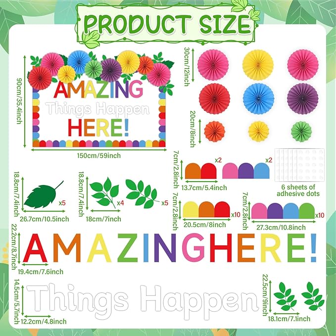 Classroom Bulletin Board Decorations with 3D Paper Fans Inspirational Amazing Things Happen Here Bulletin Board Set for Back to School Motivational Office Home Wall Door Chalkboard Decor