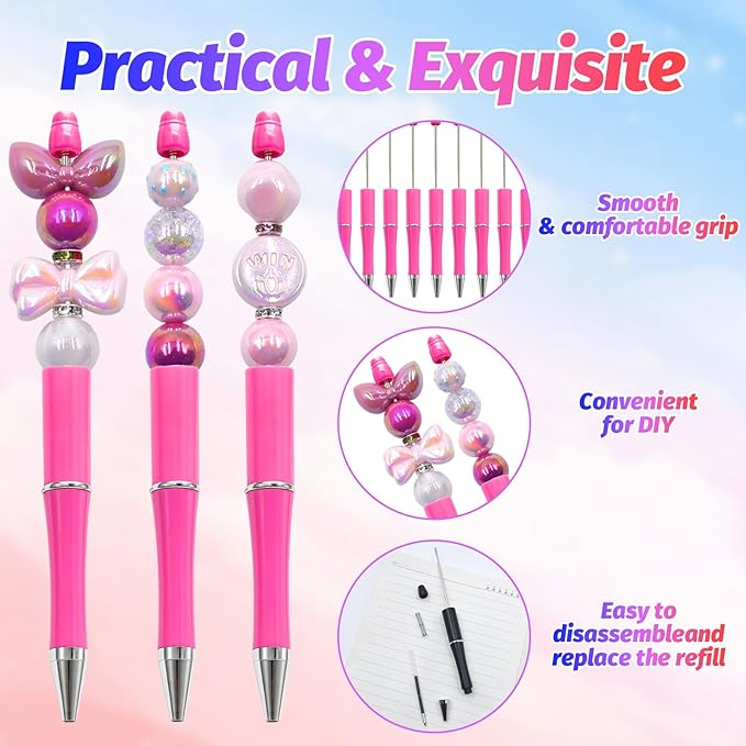 150 Pieces DIY Beadable Pen Kit – 50 Plastic Ballpoint Pens with Refills & Bags – School Supplies, Office Accessories & Decorative Items for Students & Teachers (Rose Red)