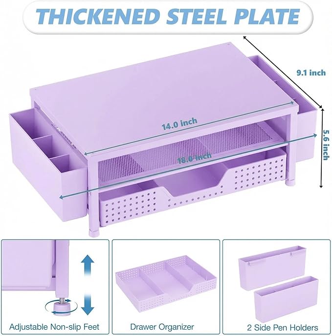 OPNICE Desk Organizers and Accessories, 2-Tier Computer Monitor Stand Riser with Drawer and 2 Pen Holders, Laptop Stand, Office Desk Accessories for Office Supplies, Purple