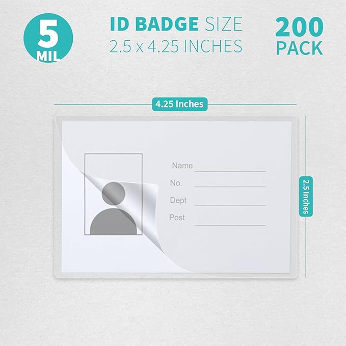 Binditek Thermal Laminating Pouches, 5mil Laminating Sheets, 2.5 x 4.25 Inches, ID Badge Without Clip, Ultra Clear, 200 Pack