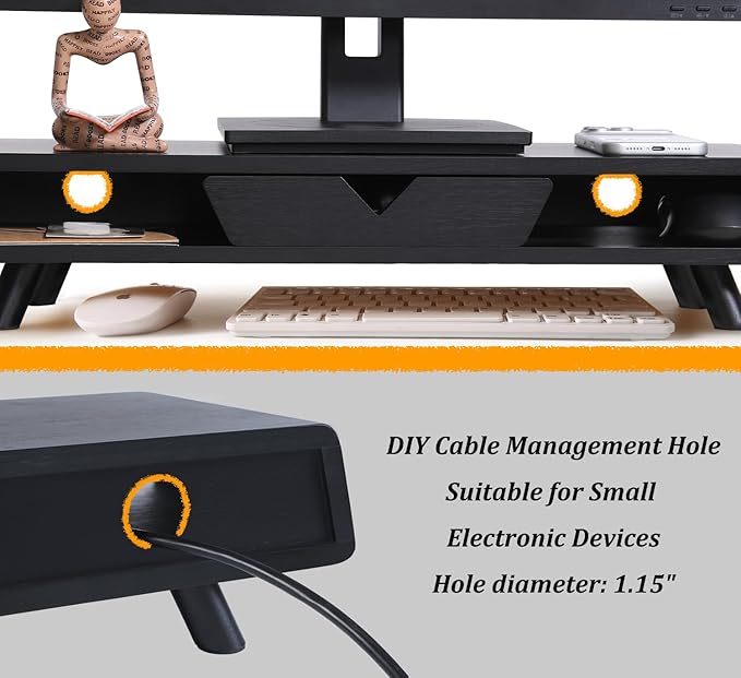 Homerays Monitor Stand with Drawer, Exquisite Computer Monitor Stand for Desk, Ergonomic Wood Monitor Stand Riser for Computer,Laptop,Printer,TV,Bamboo,Black