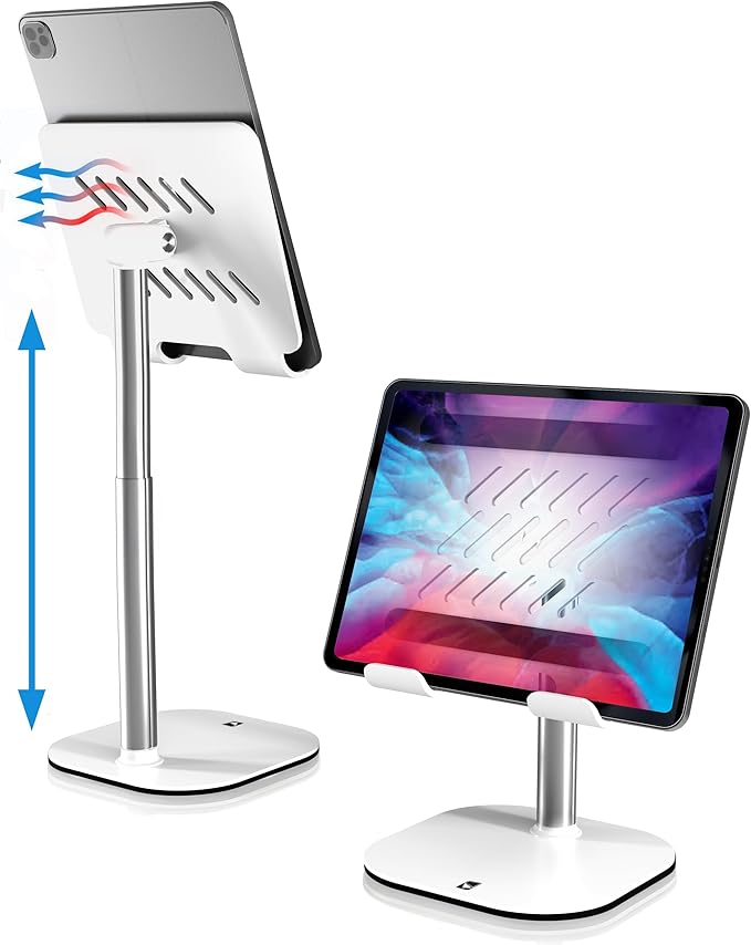 COOPER TabHolder, 7-10" Height Adjustable Tablet Stand, Premium iPad Stand for Desk, 270° Tilt iPad Holder, Kindle Holder, 15.6-17" Portable Monitor Support (White)