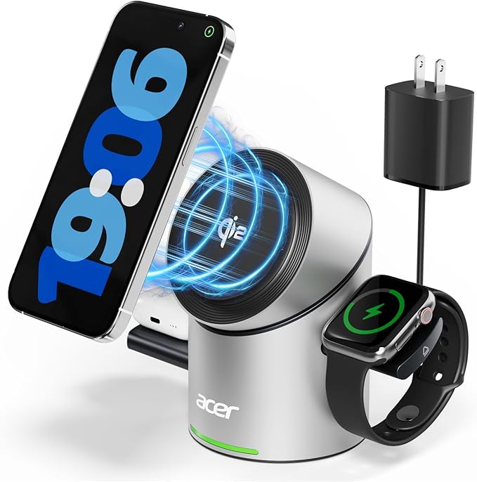Acer Prime 3 in 1 Charging Station for Apple - Qi2 15W iPhone Wireless Charging Station, Magsafe Charger Stand for iPhone 17 16 15 14 13 12 - Apple Watch - Airpods Series (Charger & USB-C Included)