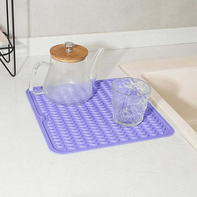 Silicone Dish Drying Mat for Multiple Usage,Easy clean,Eco-friendly,Heat-resistant Silicone Mat for Kitchen Counter or Sink,Refrigerator or Drawer liner Light Purple M 12 inches x 12 inches