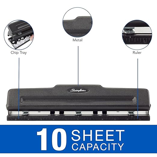 Swingline 3 Hole Punch, 10 Sheet Capacity Three Hole Puncher 3 Ring, Adjustable 2-3 Hole Paper Punch, Black (74015)