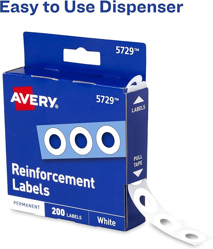 Avery Self-Adhesive Hole Reinforcement Stickers, 1/4" Diameter Hole Punch Reinforcement Labels, White, Non-Printable, 200 Labels Total (5729)