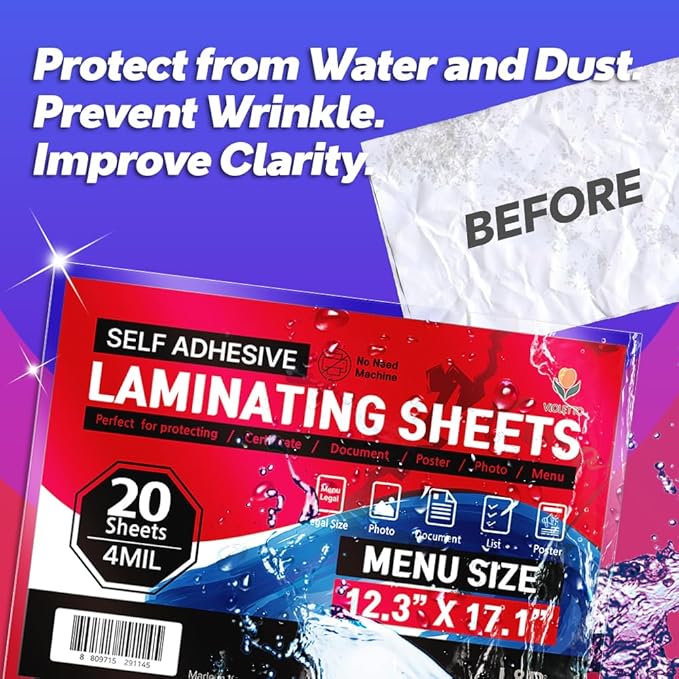 Self Adhesive Laminating Sheets 12.3x17.1 inch, 20 Pack, 4mil Thickness, No-Machine Needed, QuickPeel, Instashield, Stick&GO (20 Sheets, Menu Size 4mil)