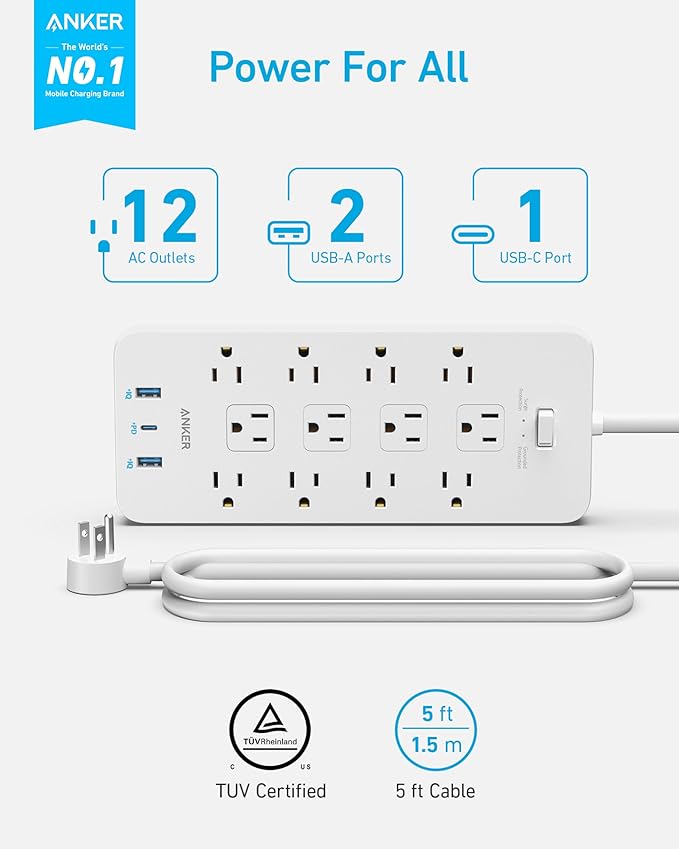 Anker Power Strip with 2100J Surge Protector, Outlet Extender, 5ft Extension Cord with Multiple Outlets, 12 AC, 2 USB A,1 USB C Port for 20W, Home Office, Dorm Room Essentials, TUV Listed