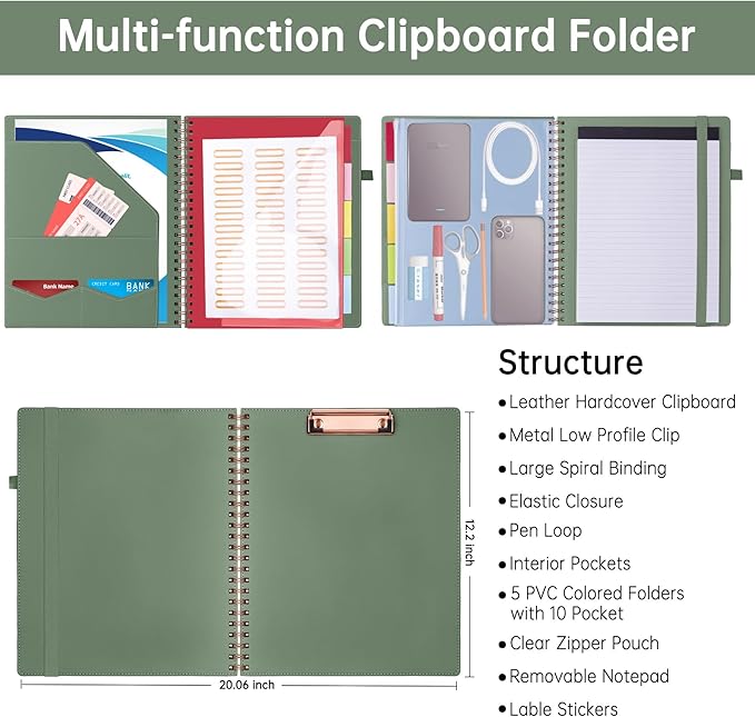 HAUTOCO Spiral Leather Clipboard Folio with Notepad (8.5 x 11''), 5 Folders with 10 Pockets, Storage Zipper Pouch, Pen Loop, 39 Stickers, Padfolio Organizer for Work School, Olive Green