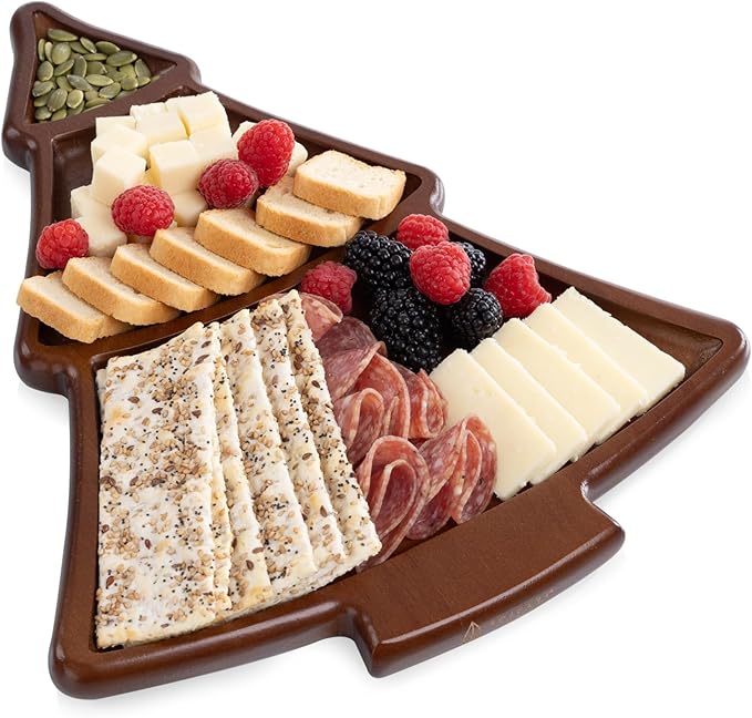 Picnic TIME Christmas Tree Serving Tray, Holiday Appetizer Tray, Wooden Charcuterie Board, (Stained Parawood)