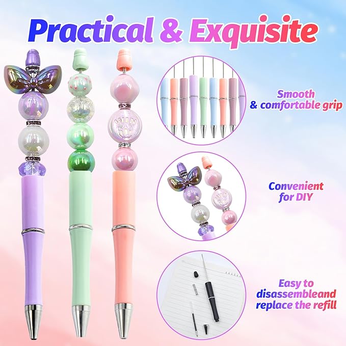 300 Pieces DIY Beadable Pen Kit – 100 Plastic Ballpoint Pens with Refills & Bags – School Supplies, Office Accessories & Decorative Items for Students & Teachers (Pastel)