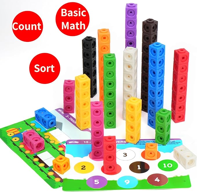 BenBen 100pcs Linking Cubes with 15 Double-Sided Activity Cards - Math Manipulatives for Kids Ages 4-8, Counting Blocks for Kindergarten, Snap Cubes STEM Educational Toy for Classroom & Homeschool