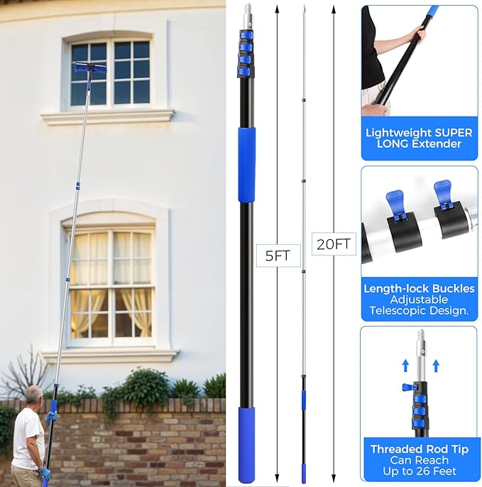 26ft Telescoping Dusting Kit, Aluminum 5-20ft Fan & Window Cleaner Set, Versatile Dusting Set with 5 Replaceable Heads for Cleaning Fans, Windows, and Hard-to-reach Areas Outdoors Without Ladder